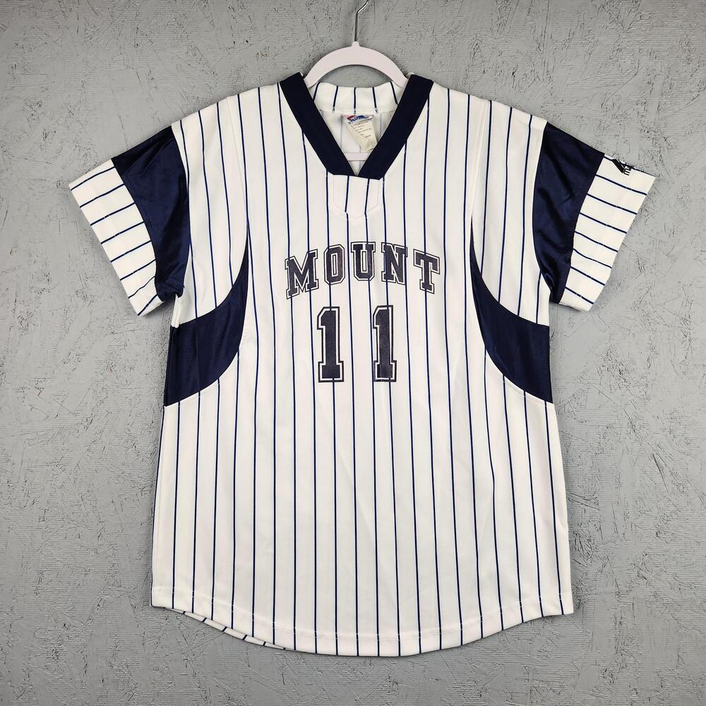 Vintage Majestic Shirt Mens Large White Navy Pinstripe Baseball Jersey Mount 11